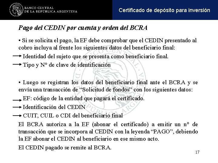 Operaciones y pasivaspara inversión Certificadoactivas de depósito Pago del CEDIN por cuenta y orden