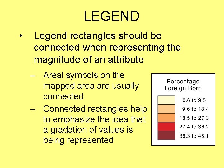 LEGEND • Legend rectangles should be connected when representing the magnitude of an attribute LEGEND • Legend rectangles should be connected when representing the magnitude of an attribute