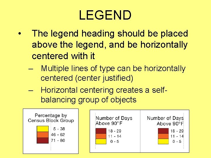 LEGEND • The legend heading should be placed above the legend, and be horizontally LEGEND • The legend heading should be placed above the legend, and be horizontally