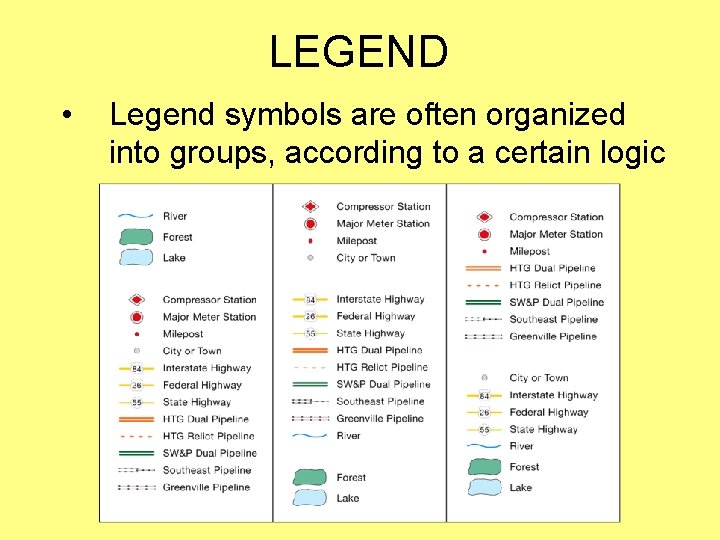 LEGEND • Legend symbols are often organized into groups, according to a certain logic LEGEND • Legend symbols are often organized into groups, according to a certain logic