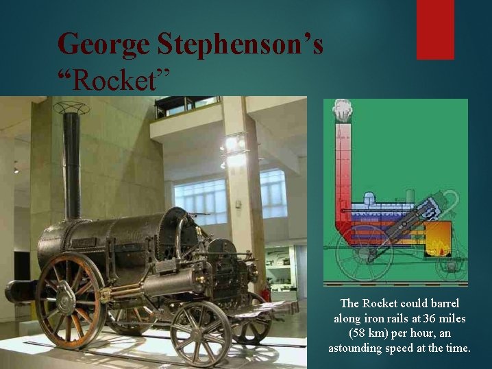 George Stephenson’s “Rocket” The Rocket could barrel along iron rails at 36 miles (58