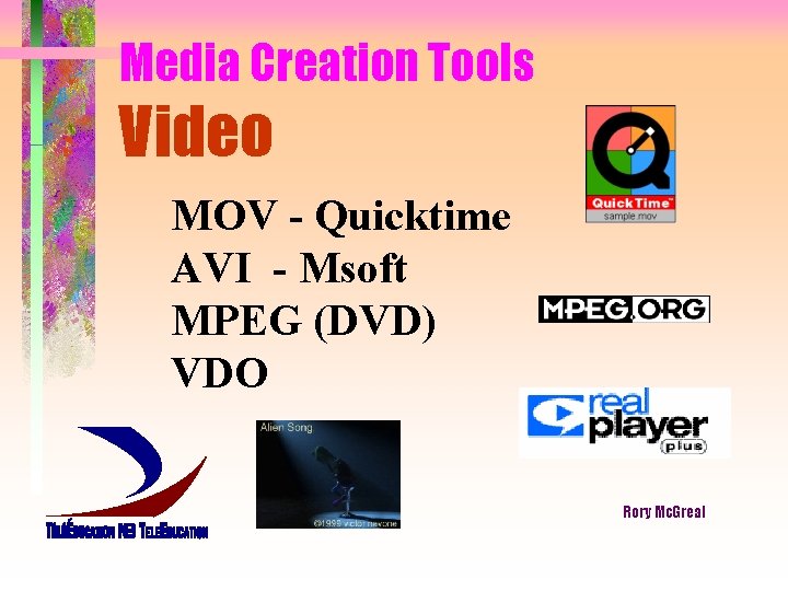 Media Creation Tools Video MOV - Quicktime AVI - Msoft MPEG (DVD) VDO Rory