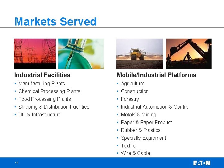 Markets Served Industrial Facilities Mobile/Industrial Platforms • Manufacturing Plants • Agriculture • Chemical Processing