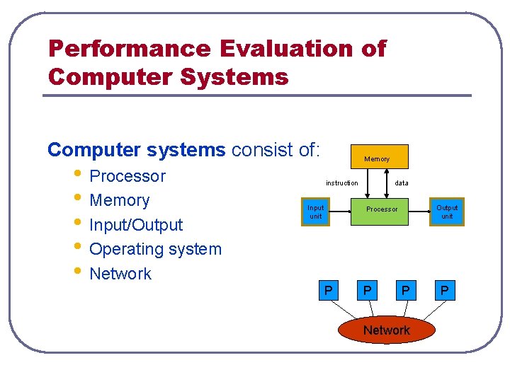 Performance Evaluation of Computer Systems Computer systems consist of: • Processor • Memory • Performance Evaluation of Computer Systems Computer systems consist of: • Processor • Memory •