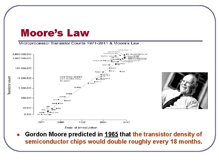 Moore’s Law l Gordon Moore predicted in 1965 that the transistor density of semiconductor Moore’s Law l Gordon Moore predicted in 1965 that the transistor density of semiconductor