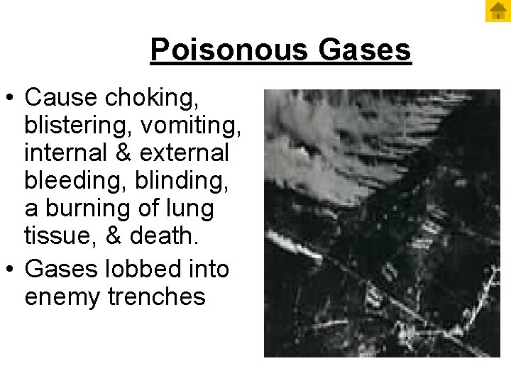 Poisonous Gases • Cause choking, blistering, vomiting, internal & external bleeding, blinding, a burning