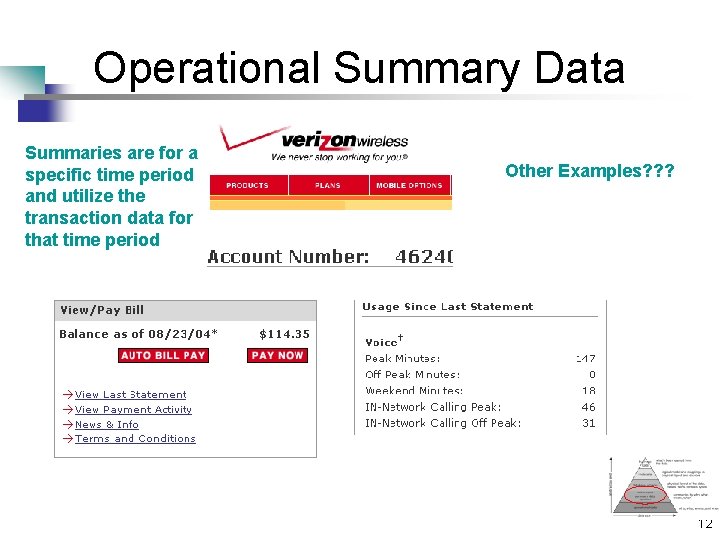 Operational Summary Data Summaries are for a specific time period and utilize the transaction