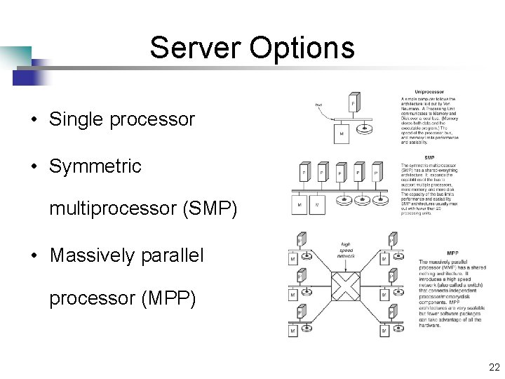 Server Options • Single processor • Symmetric multiprocessor (SMP) • Massively parallel processor (MPP)