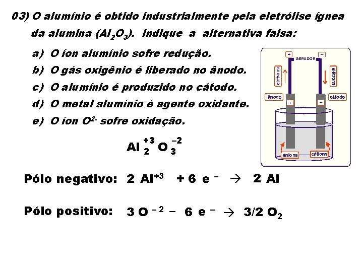 03) O alumínio é obtido industrialmente pela eletrólise ígnea da alumina (Al 2 O