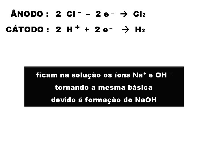  NODO : 2 Cl – – 2 e – Cl 2 CÁTODO :