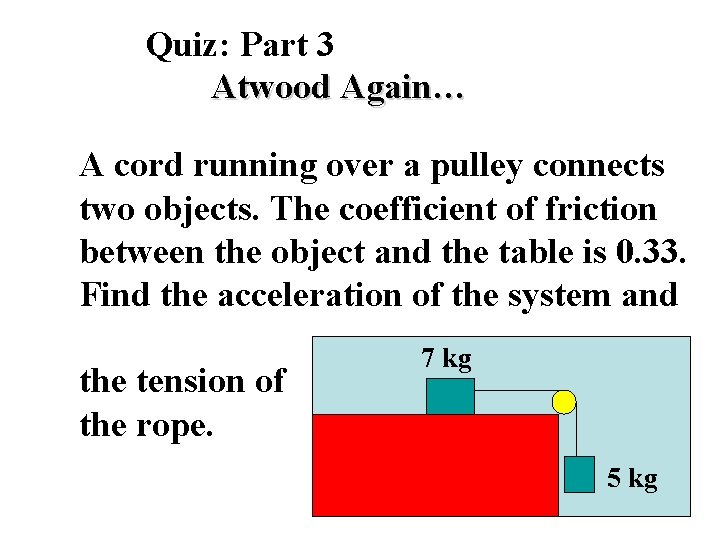 Quiz: Part 3 Atwood Again… A cord running over a pulley connects two objects.