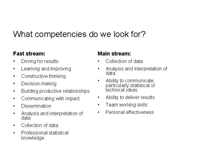 What competencies do we look for? Fast stream: Main stream: • Driving for results