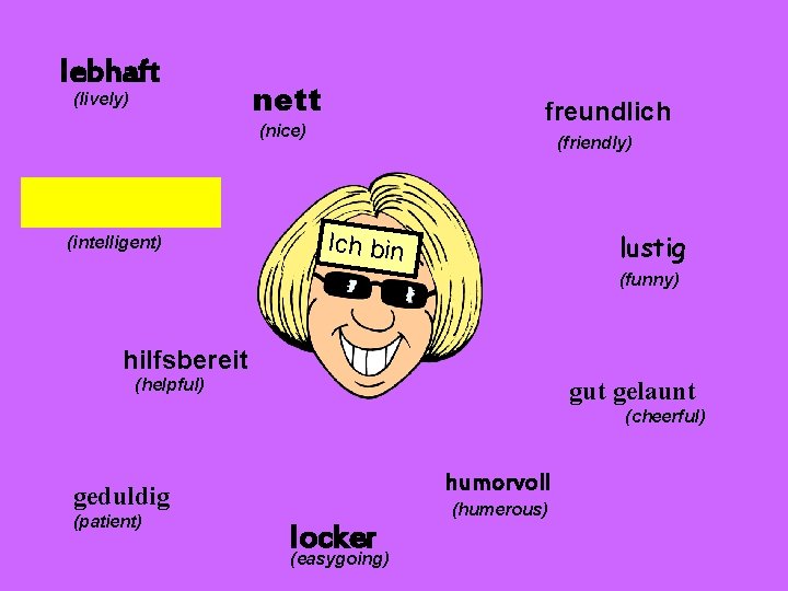 lebhaft (lively) nett freundlich (nice) (intelligent) (friendly) Ich bin lustig (funny) hilfsbereit (helpful) gut