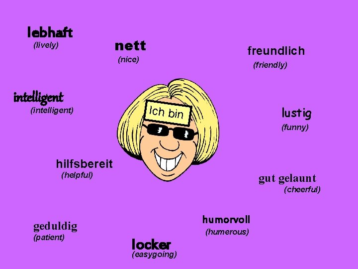 lebhaft (lively) nett freundlich (nice) intelligent (intelligent) (friendly) Ich bin lustig (funny) hilfsbereit (helpful)