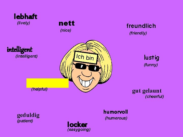 lebhaft (lively) nett freundlich (nice) intelligent (intelligent) (friendly) Ich bin lustig (funny) (helpful) gut