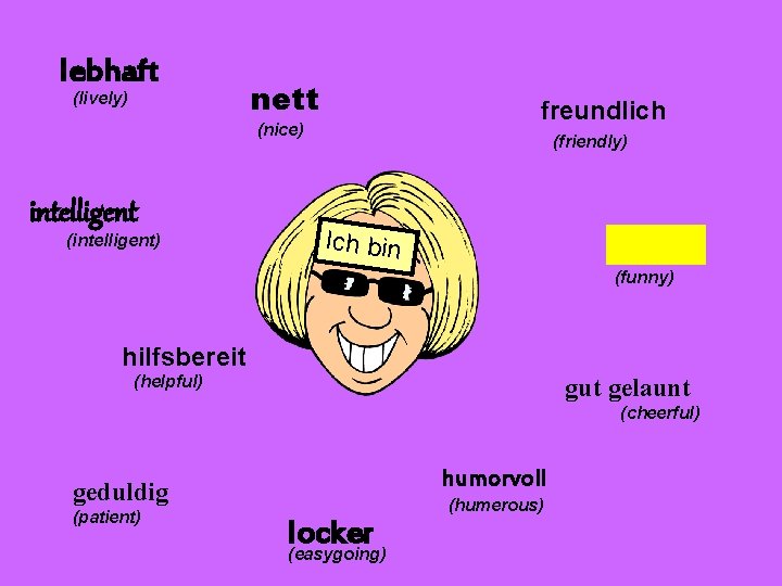 lebhaft (lively) nett freundlich (nice) intelligent (intelligent) (friendly) Ich bin (funny) hilfsbereit (helpful) gut