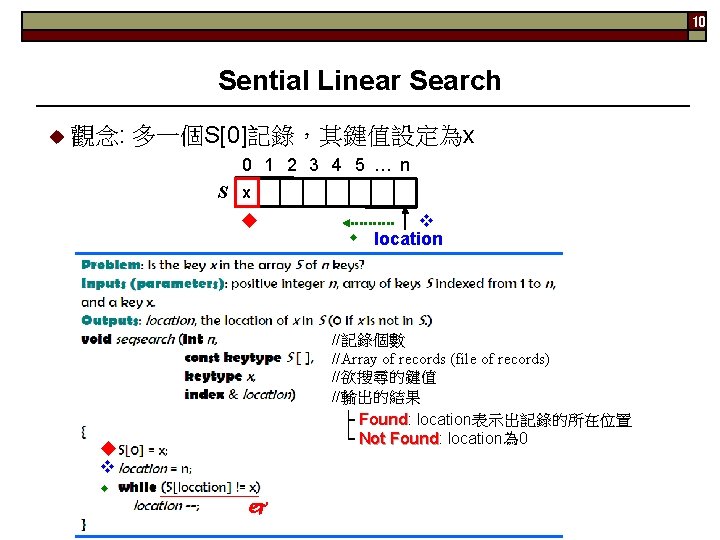 10 Sential Linear Search 觀念: 多一個S[0]記錄，其鍵值設定為x 0 1 2 3 4 5 … n