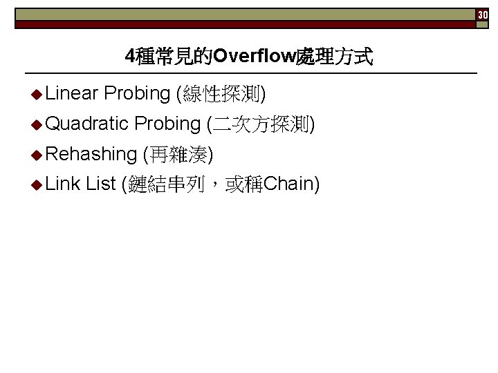 30 4種常見的Overflow處理方式 Linear Probing (線性探測) Quadratic Probing (二次方探測) Rehashing Link (再雜湊) List (鏈結串列，或稱Chain) 