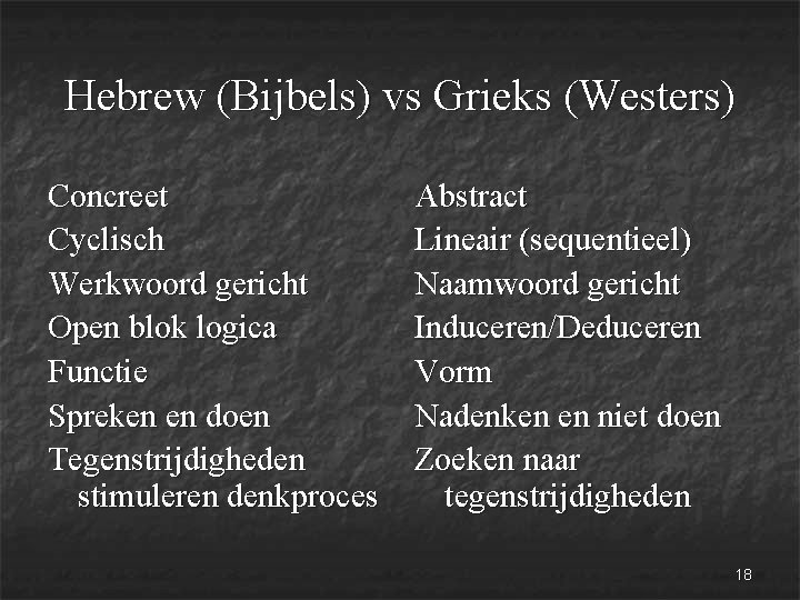 Hebrew (Bijbels) vs Grieks (Westers) Concreet Abstract Cyclisch Lineair (sequentieel) Werkwoord gericht Naamwoord gericht