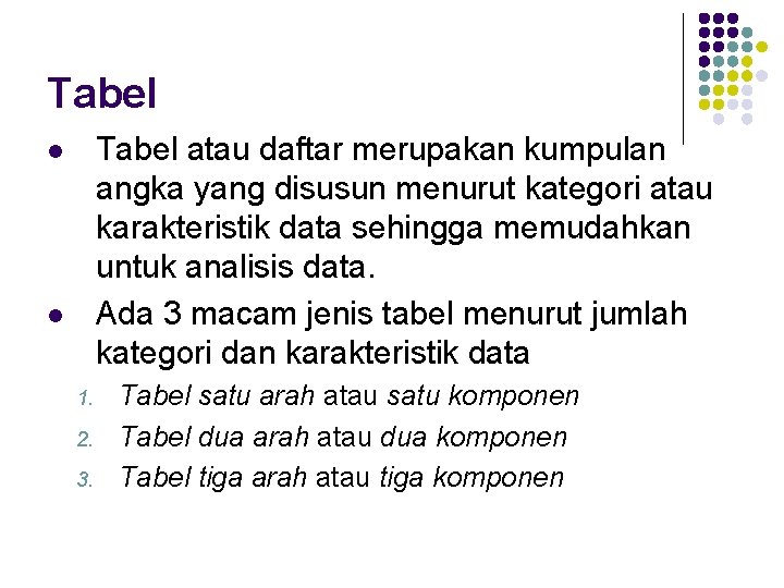 Tabel atau daftar merupakan kumpulan angka yang disusun menurut kategori atau karakteristik data sehingga