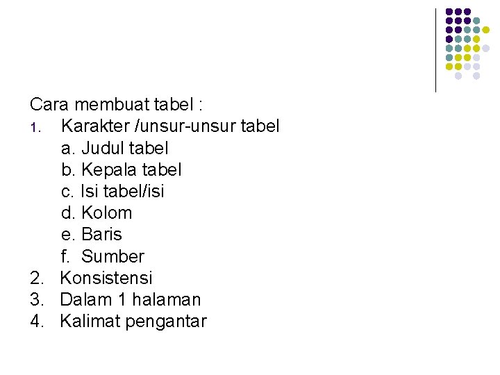 Cara membuat tabel : 1. Karakter /unsur-unsur tabel a. Judul tabel b. Kepala tabel