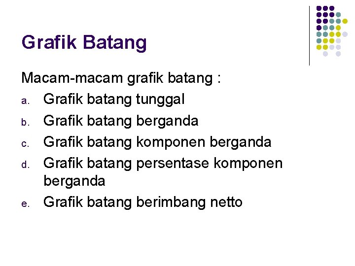 Grafik Batang Macam-macam grafik batang : a. Grafik batang tunggal b. Grafik batang berganda