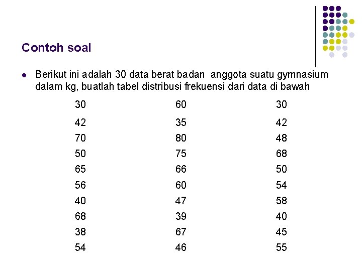 Contoh soal l Berikut ini adalah 30 data berat badan anggota suatu gymnasium dalam