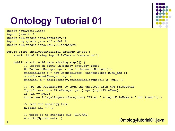 Ontology Tutorial 01 import import java. util. List; java. io. *; org. apache. jena.