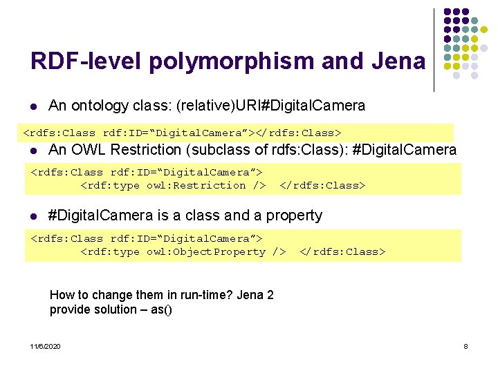 RDF-level polymorphism and Jena l An ontology class: (relative)URI#Digital. Camera <rdfs: Class rdf: ID=“Digital.