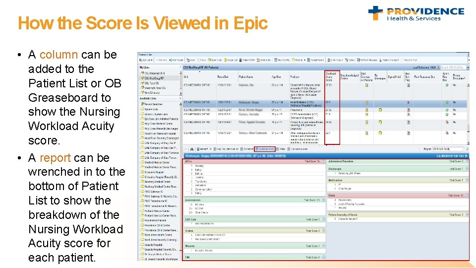 How the Score Is Viewed in Epic • A column can be added to