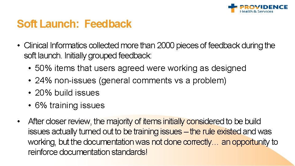 Soft Launch: Feedback • Clinical Informatics collected more than 2000 pieces of feedback during