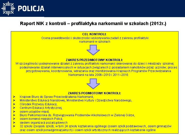 Raport NIK z kontroli – profilaktyka narkomanii w szkołach (2012 r. ) CEL KONTROLI: