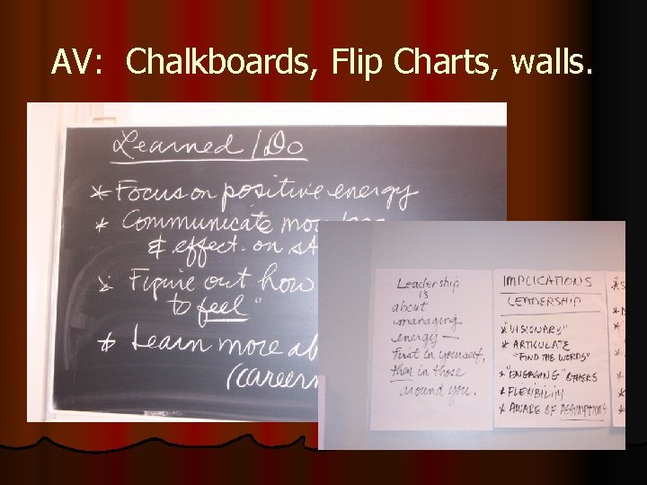 AV: Chalkboards, Flip Charts, walls. AV: Chalkboards, Flip Charts, walls.