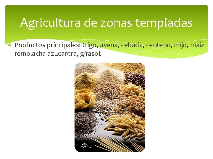 Agricultura de zonas templadas Productos principales: trigo, avena, cebada, centeno, mijo, maíz remolacha azucarera,