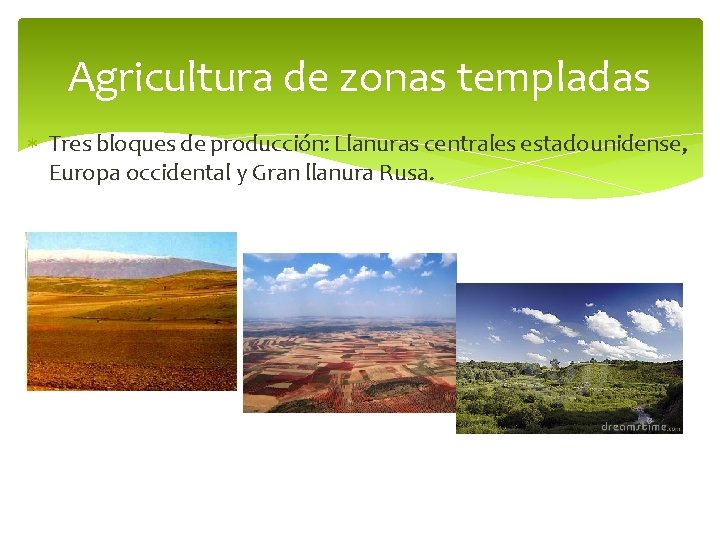 Agricultura de zonas templadas Tres bloques de producción: Llanuras centrales estadounidense, Europa occidental y