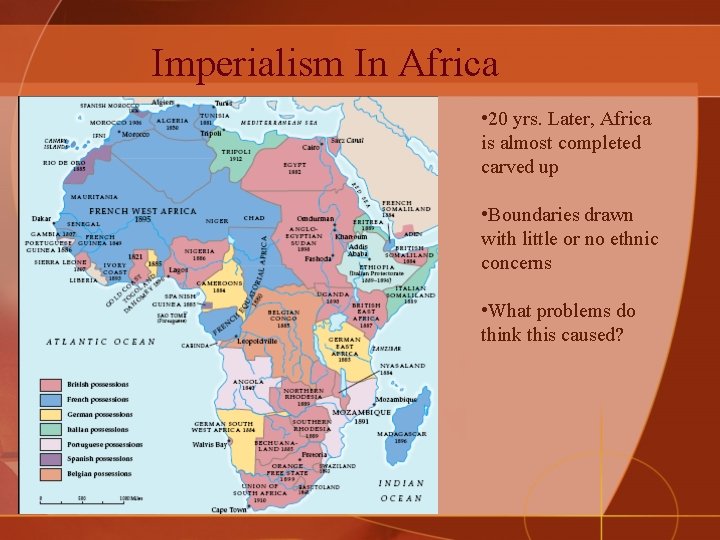 Imperialism In Africa • 20 yrs. Later, Africa is almost completed carved up •