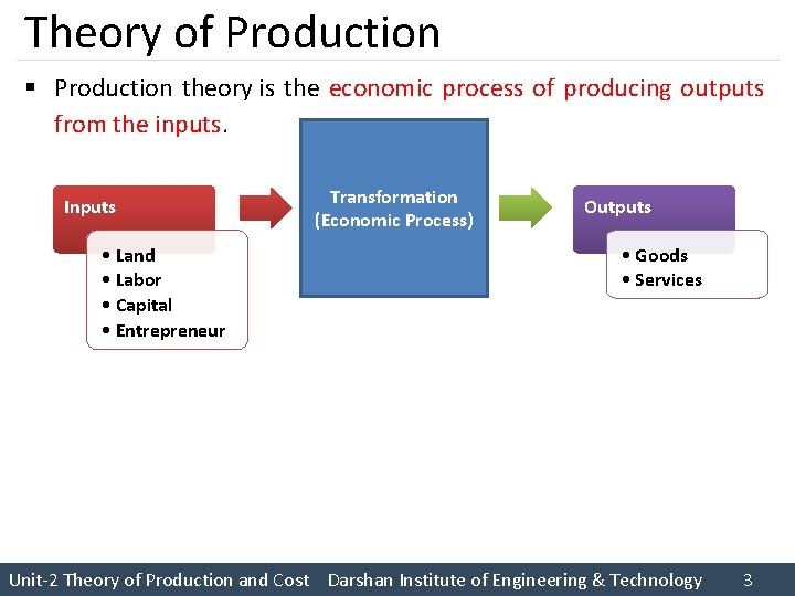 Theory of Production § Production theory is the economic process of producing outputs from