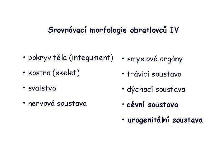 Srovnávací morfologie obratlovců IV • pokryv těla (integument) • smyslové orgány • kostra (skelet)