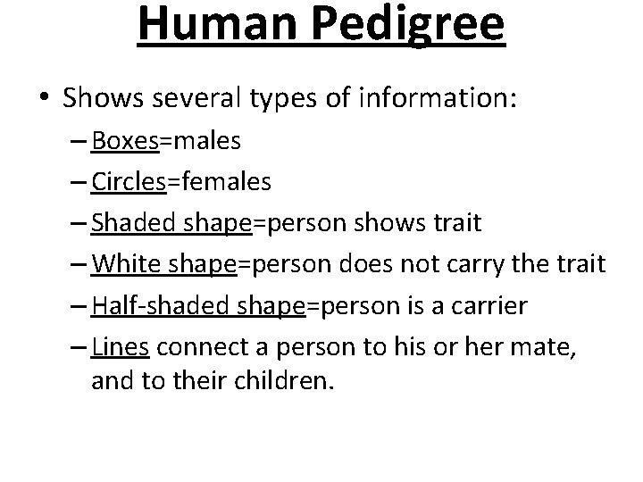 Human Pedigree • Shows several types of information: – Boxes=males – Circles=females – Shaded