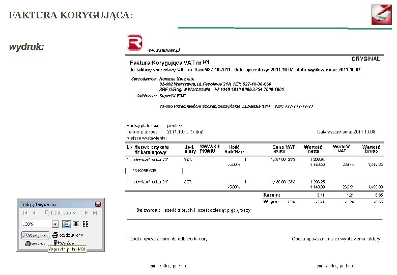 FAKTURA KORYGUJĄCA: wydruk: 