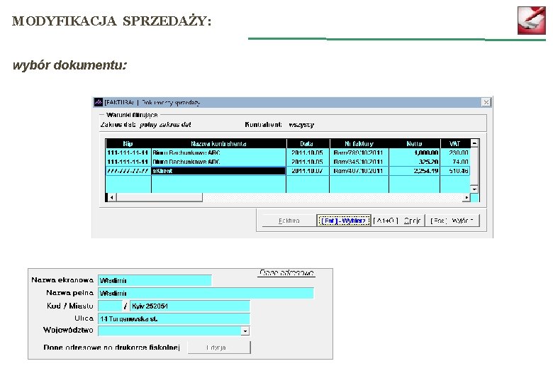 MODYFIKACJA SPRZEDAŻY: wybór dokumentu: 