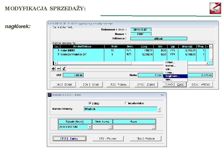 MODYFIKACJA SPRZEDAŻY: nagłówek: 