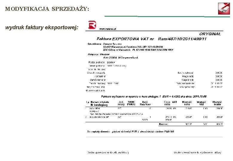 MODYFIKACJA SPRZEDAŻY: wydruk faktury eksportowej: 