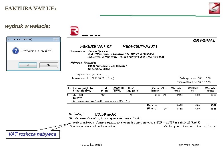 FAKTURA VAT UE: wydruk w walucie: VAT rozlicza nabywca 