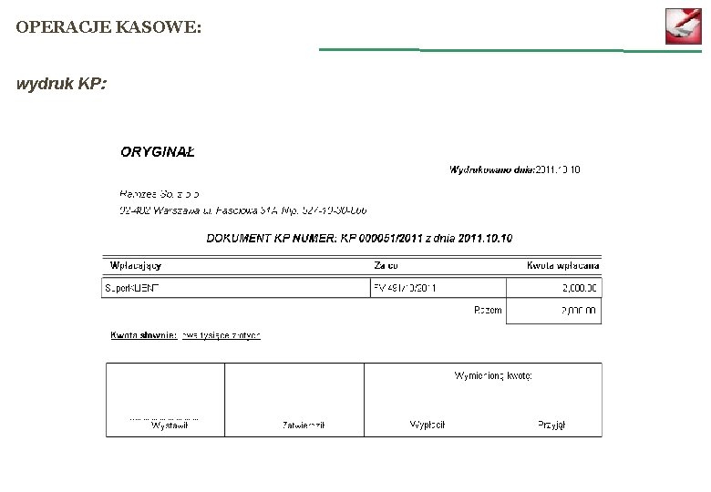 OPERACJE KASOWE: wydruk KP: 