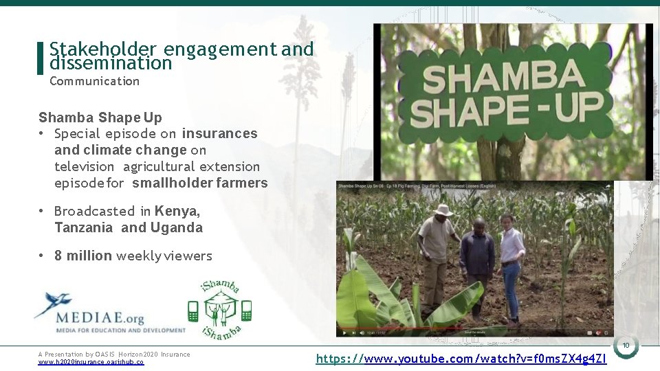 Stakeholder engagement and dissemination Communication Shamba Shape Up • Special episode on insurances and