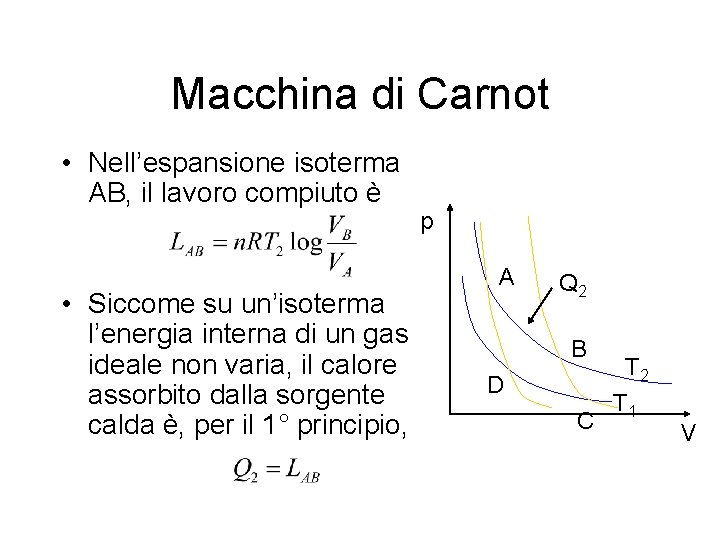 Macchina di Carnot • Nell’espansione isoterma AB, il lavoro compiuto è • Siccome su