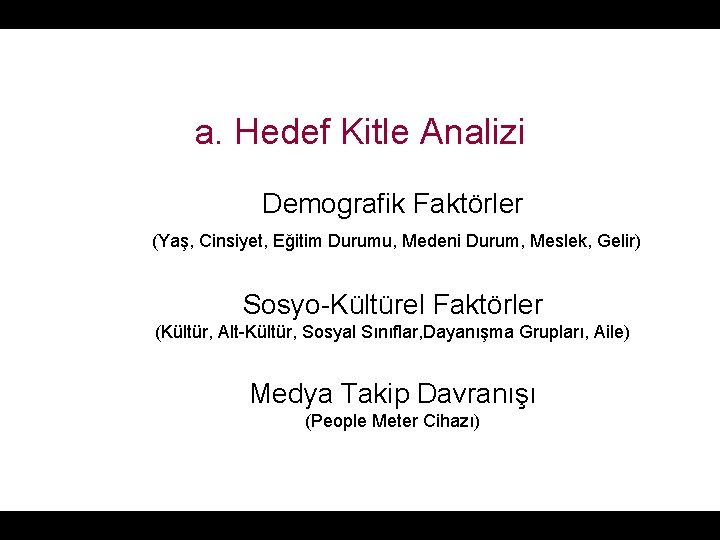 a. Hedef Kitle Analizi Demografik Faktörler (Yaş, Cinsiyet, Eğitim Durumu, Medeni Durum, Meslek, Gelir)