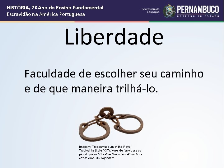HISTÓRIA, 7º Ano do Ensino Fundamental Escravidão na América Portuguesa Liberdade Faculdade de escolher