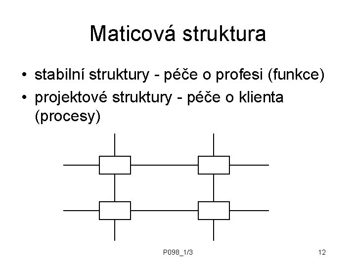 Maticová struktura • stabilní struktury - péče o profesi (funkce) • projektové struktury -